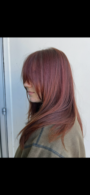 Woman with long copper red hair styled straight, shown in profile in the salon